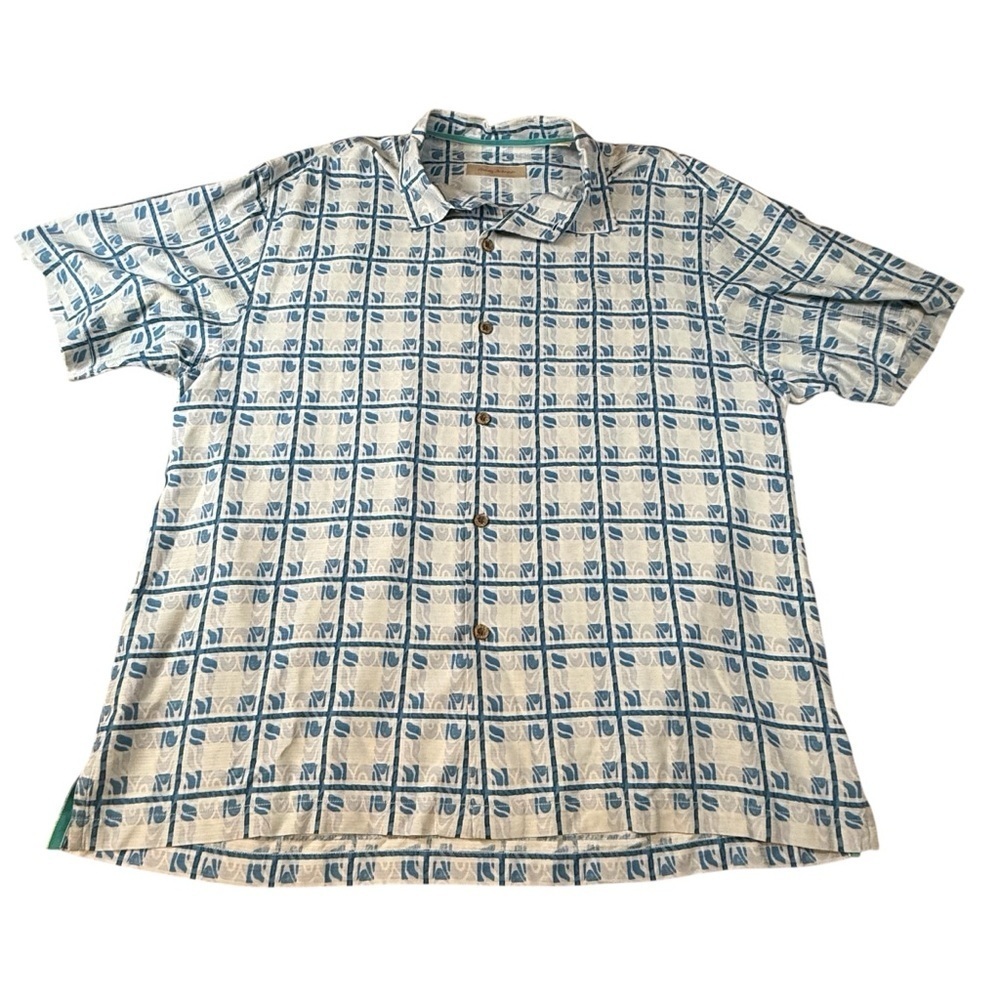 Tommy Bahama Men's 100% Silk Hawaiian Shirt Size XL Blue and White
